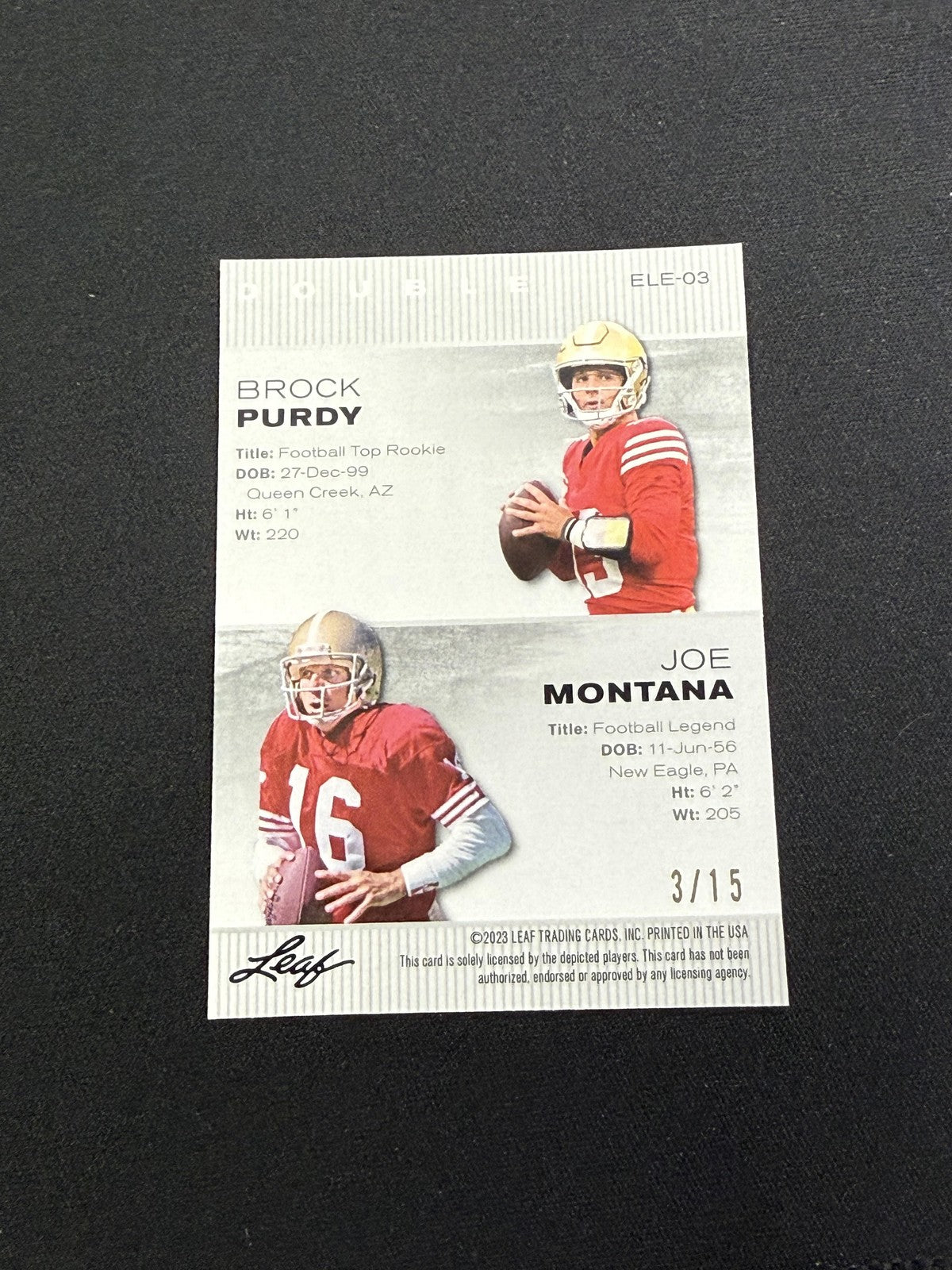 Brock Purdy / Joe Montana 2023 Leaf Dual Metal Purple /15 RC 49ers