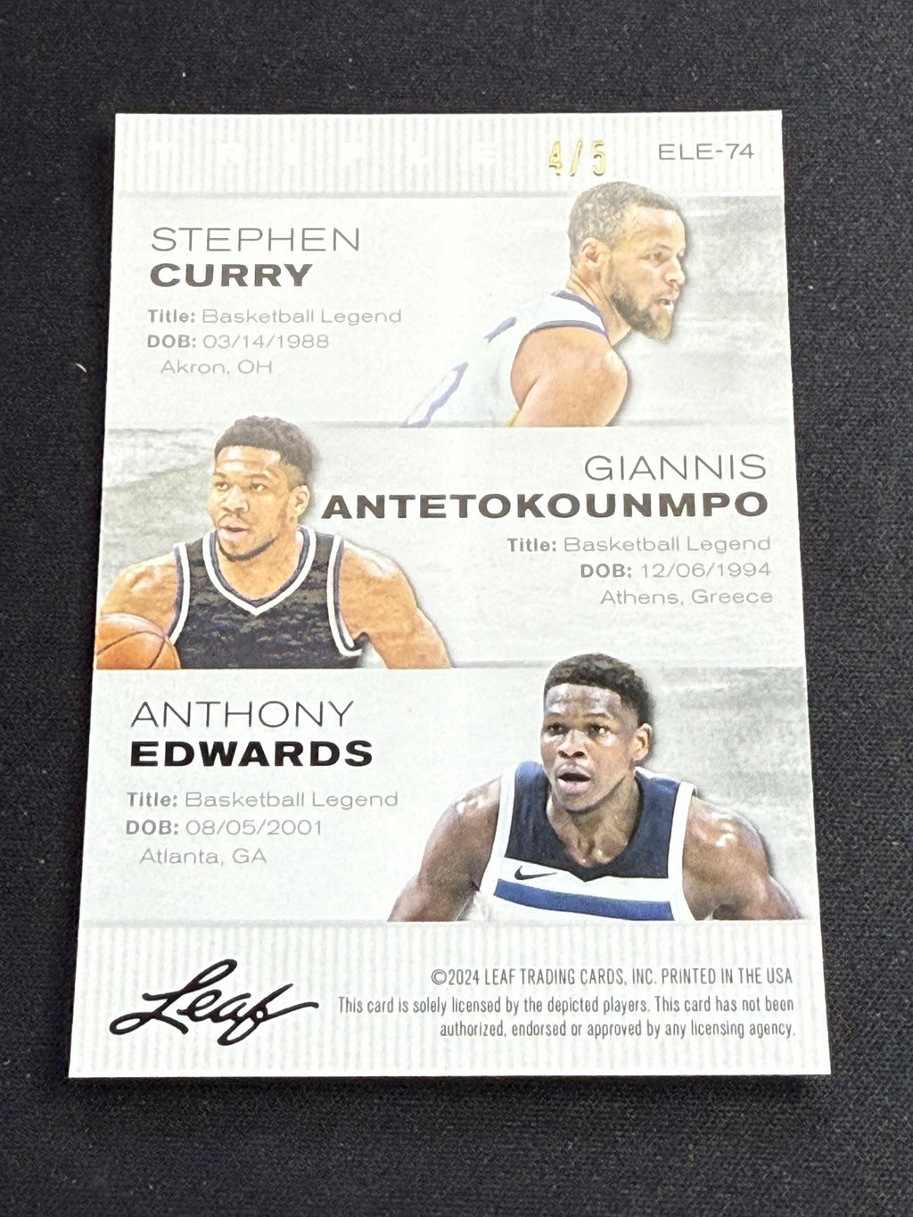 Curry / Antetokounmpo / Edwards 2024 Leaf Metal Trio Green /5 RC