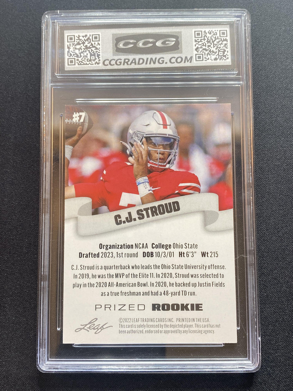 CJ Stroud 2022 Leaf Prized Rookie 7 Rookie CCG 10 RC