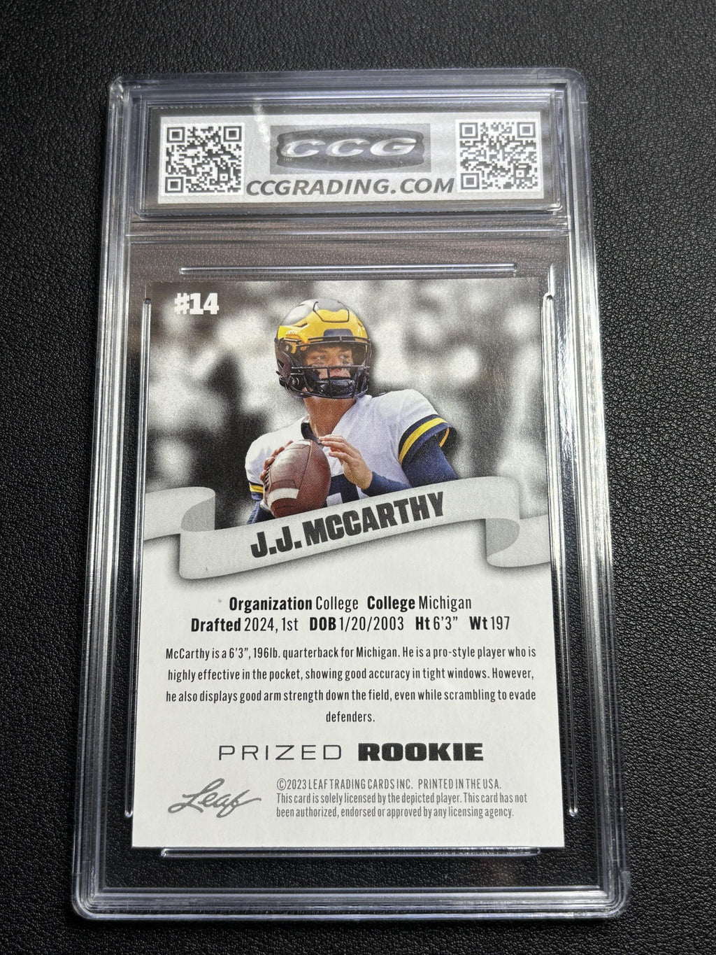 J.J. McCarthy 2023 Leaf Prized Rookie CCG 10